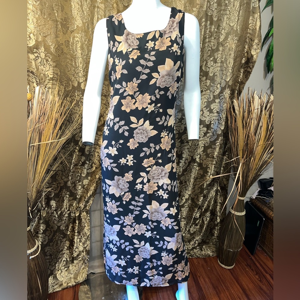 Taupe Floral Vintage 90s Botanical Maxi Dress Sz L